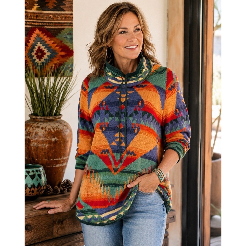 Vintage Ralph Lauren Chaps Cowl Neck Sweater M Southwest Aztec Cotton Knit Boho